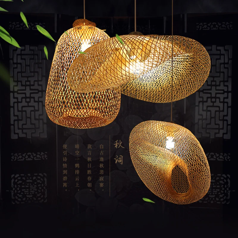 Реколта бамбукови висящи осветителни тела за украса на дома, китайски висящи лампа от ратан ръчно изработени, ресторант, кафене, коридор, окачена лампа - 4