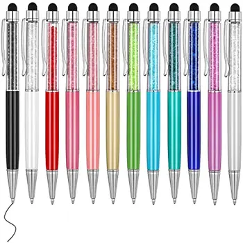 12 бр. Сладки химикалки Bling Bling 2-в-1, тънки stylus писалка с кристали и химикалки с черно мастило (цветни) Инструменти за писане