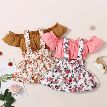 2 бр./компл., летни блузи с къс ръкав и цветна принтом за малки момичета и пола на подтяжках, комплект детски дрехи от две части, 35