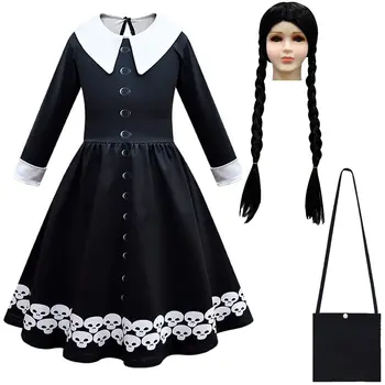2023 Нови Костюми cosplay Cossky Wednesday Addams за деца, черна Рокля за момичета, чанта, перука, кралят костюм за Хелоуин