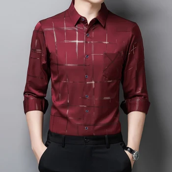 6XL, големи, пролет и есен 2023, нова мъжка риза Slim Fit с дълъг ръкав, луксозна, с релефна, еластична, не желязо, за почивка, бизнес риза