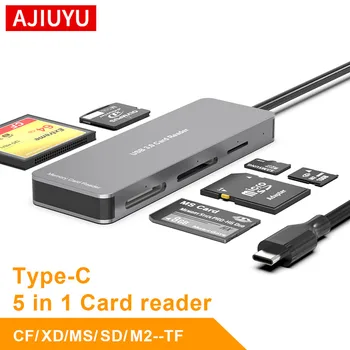 AJIYUU 5 в 1 Мултифункционален Type C CF XD, MS, SD M2/TF Четец на смарт-карти с Памет Флаш Памет Адаптер Type C преносим Компютър, Телефон