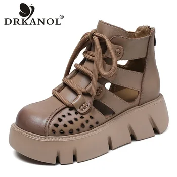 DRKANOL/ летни обувки, дамски стръмни обувки са ръчно изработени от естествена кожа в ретро стил, дишащи ботильоны на танкетке и платформа, къси ботильоны
