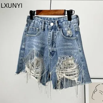 LXUNYI, дънкови шорти с диамантена веригата и пискюли в европейски стил, дамски къси панталони 2023, Лятна градинска мода, ежедневни горещи дънки, Къси панталони, сини