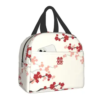 Orienta с цветен модел череши, изолирано чанта за обяд за жени, училищен офис термоохладитель, японски обяд-бокс Sakura