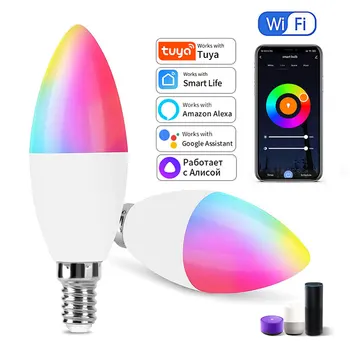 Sasha Smart WiFi Лампа E14 Свещ С Регулируема Яркост RGBCW Многоцветен Вълшебната Лампа 5 W 7 W 9 W Гласово Управление Yandex Алиса Алекса Google Home