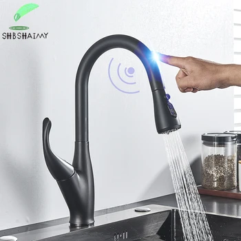 SHBSHAIMY Touch Черен Плъзгаща батерия за кухненска мивка с датчик за въртене на 360 градуса, Два режима на подаване на водата на изхода, смесителна батерия за топла и студена вода с една дръжка