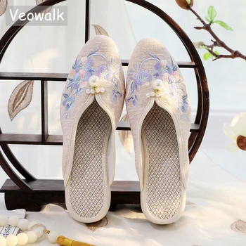 Veowalk, дамски памучни чехли на равна подметка с остри пръсти и бродерия в китайски стил, дишаща летни обувки за майките, бежово, розово