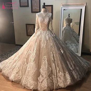 Vestido de Noiva, апликации, Дантелени цветя, сватбени рокли принцеса с високо воротом, дължина до пода, бална рокля, сватбената рокля DQG737