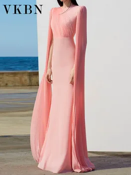 VKBN 2023, летни вечерни рокли за партита, дамски ежедневни дълги ръкави, с кръгло деколте, розови вечерни рокли за банкет за жени
