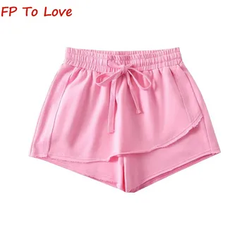 Y2K, Розови къси Панталони с Еластичен Колан, Лилава Асиметрична Черна Свободни Бели Ежедневни Панталони с Индивидуален Дизайн на съвсем малък, Женски Улични Шорти