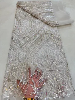 бродирани мъниста африканска лейси плат, ръчно изработени за сватбената рокля на розови пайети 5 ярда нигерийски тюл с пайети 2022 2023 бяла сватба