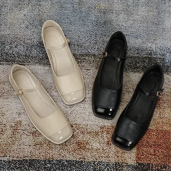 Дамски обувки mary janes от лачена кожа в стил мозайка от квадратни пръсти, мокасини със затворени пръсти, лоферы с каишка и катарама, дамски обувки на равна подметка, голям размер 34-42