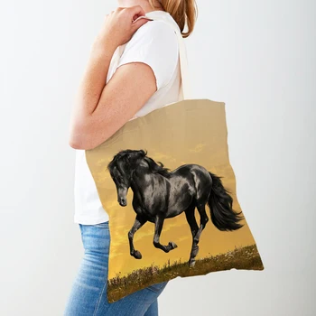 Ежедневни дамски чанта за пазаруване под формата на кон, за многократна употреба платно с двупосочно принтом, модни пътна чанта-тоут с диви животни за жени, дамски чанти за пазаруване