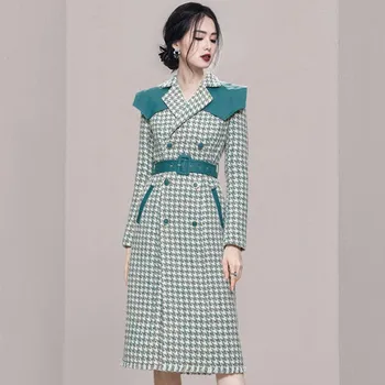 Зимата на корейското елегантна твидовое палто в клетката, женски винтажное модно мозайка бизнес ежедневното офис палто Vestidos
