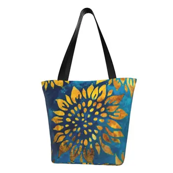 Изработен по поръчка на златен слънчоглед на синьо поле за оцветяване на вратовръзки, холщовая пазарска чанта, Дамска чанта за пазаруване с флорални принтом, чанти за пазаруване