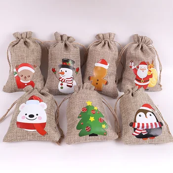 Коледа Drawstring Подарък Чанта Бонбони, Бисквити Чанта За Съхранение На Карикатура На Дядо Коледа, Снежен Човек Печат Опаковка Торби Коледна Украса