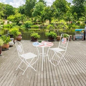 Комплект за бистро в двор от 3 теми, масичка за кафе и 2 сгъваеми стола, Мозайка Плот и облегалка във формата на американското знаме, за градината, Балкона, Бял