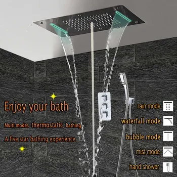 Комплект за душ в банята с led тавани приставка за душ, термостатичен кран, скрит панел, луксозен смесител за вана, дъжд водопад, пузырьковый мъгла