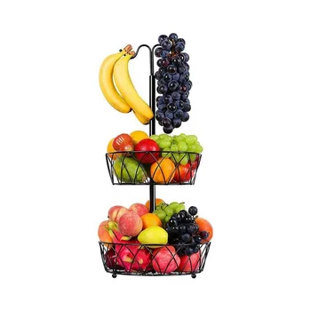 Кошница за съхранение на плодове и зеленчуци с двойна закачалка от едно дърво банан, Кухненски плот, Метална метална кошница за хляб, лук, 2-ярусная купата