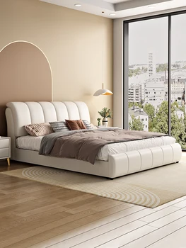 Крем стил, лека луксозна модерна кожено легло, просто начало спалня с голямо двойно легло 1,8 м, италианска мека сватбена легло в стил ins