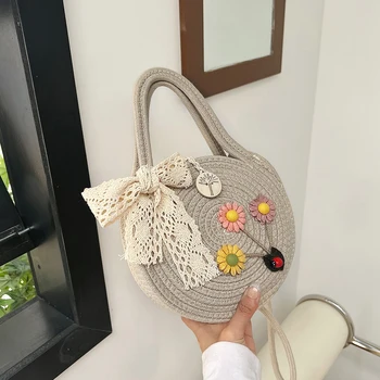 Кръгли тъкани торби през рамо, лятна дамски кръглата чанта на рамото с цветя модел ръчно изработени, модни и ежедневни вязаная чанта с хубави официални лък
