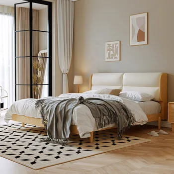 Легло от масивно дърво 1,8 м, тъканно технология soft bag, тъканно легло в основната спалня, скандинавски проста двойно легло 1,5 м, японски стил, на дървена стил