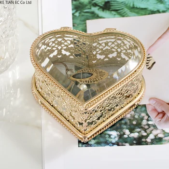Луксозна метална Куха ковчег за бижута във формата на сърце, стъкло резервоар за съхранение на пръстени, обеци за съхранение на козметика, Декорация на дома, изискани подаръци