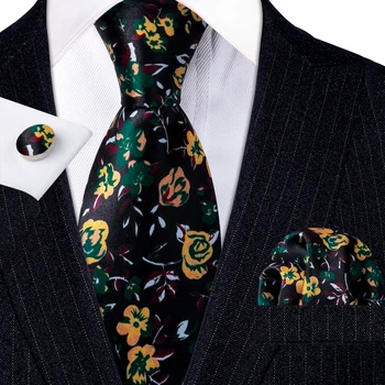 Модерен дизайн, черна вратовръзка с флорални принтом, мъжки подаръци Бари.Комплекти копринени вратовръзки, Ван, копчета за ръкавели във формата на носового шал, бизнес-Бари.Уанг LN-5369