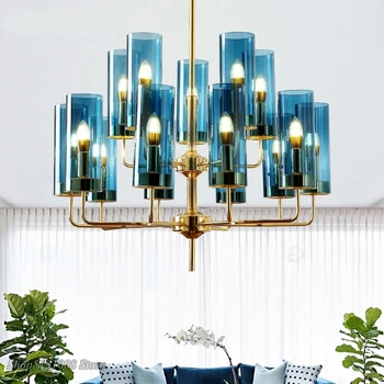 Модерна луксозна стъклена полилей с 6-15 глави синьо/кехлибарен цвят, окачена лампа в скандинавски стил, хол и трапезария, спалня, осветителни тела за вътрешно осветление