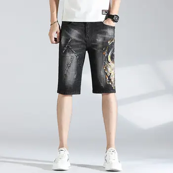 Мъжки дънки стрейчевые дънки с 3D принтом дракон, висококачествени дизайнерски шорти с бродерия дракон, ежедневни панталони, модерни мъжки