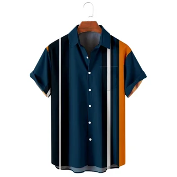 Нова мъжки хавайска риза с цветни принтом в ивица, ежедневие топ копчета с къс ръкав, модерен, удобен жилетка