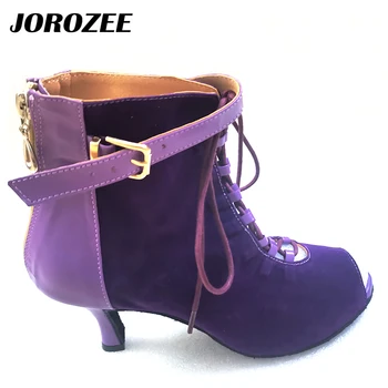 Обувки за латино танци JOROZEE, лилаво кадифе кожа обувки за танци балната зала, мека подметка, в петата височина 7.5 см