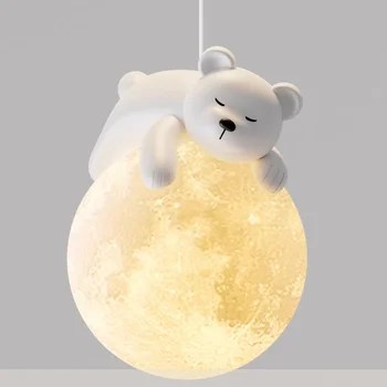 Окачен лампа за детска спални, мечка, заек, лунна топка, окачена лампа, украса за влизане в коридора, полилей, крушка