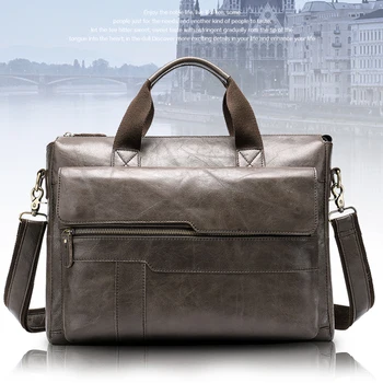 Реколта мъжка чанта-портфейл, мъжки чанти през рамо от естествена кожа, сив бизнес, мода, 14-инчовата чанта за лаптоп