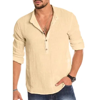 Свободна однотонная в памучна риза с дълги ръкави, дрехи XXL, пуловер с V-образно деколте, мъжки дрехи, за плажни пътуване, лято