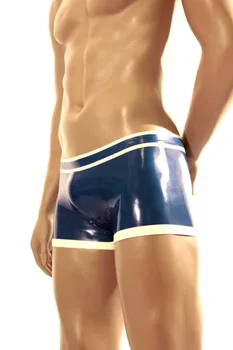 Секси мъжки сини латексови панталони, екзотични панталони, гумени бельо с довършителни работи