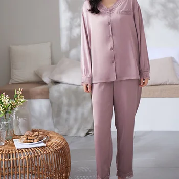 Сладък комплект Пижама от Тънко Сатен с V-образно деколте, Топ копчета с дълъг ръкав и Панталони с еластичен колан, Дамски Дрехи за сън и почивка