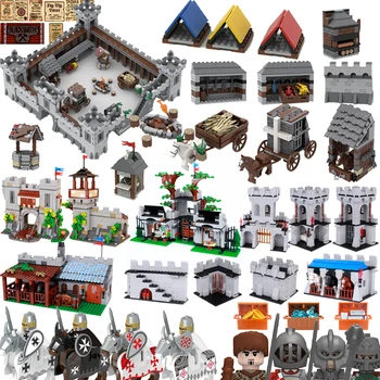 Средновековни военни фигури на рицари, строителни блокове, Крепостна стена, Замък, Армията конюшнята, Затвор ван, Аксесоари, Оръжия, Тухли, играчки