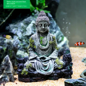 Украса Буда Аквариум Пейзаж Дзен Древна статуя на Буда е Подходящ за аквариум за Декорация от смола Скала, Каменна статуя Голяма
